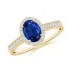 Angara Oval Blue Sapphire Reverse Tapered Shank Halo Engagement Ring In Yellow Gold/medium To Rich Blue