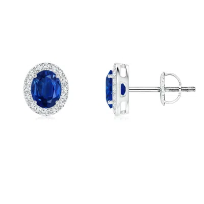 Angara Oval Blue Sapphire Studs With Diamond Halo In Green