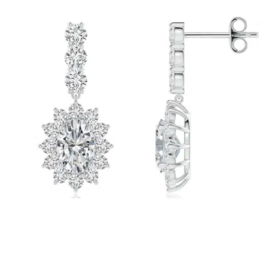 Angara Oval Diamond Floral Halo Dangle Earrings In White