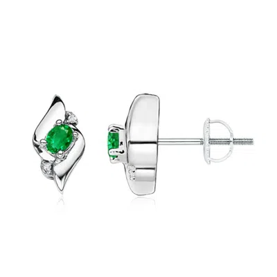 Angara Oval Emerald And Diamond Shell Stud Earrings In Metallic