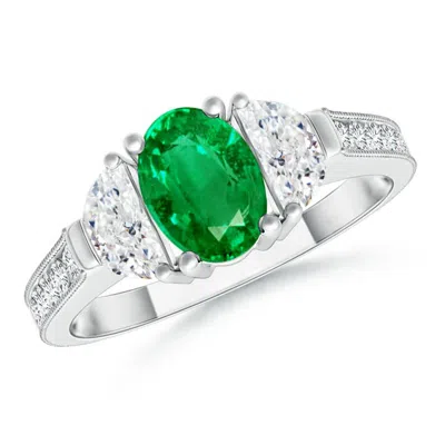 Angara Oval Emerald And Half Moon Diamond Three Stone Ring In Metallic