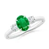 Angara Oval Emerald And Round Diamond Three Stone Ring In White Gold/rich Medium Green