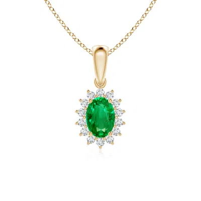 Angara Oval Emerald Pendant With Floral Diamond Halo In Gold