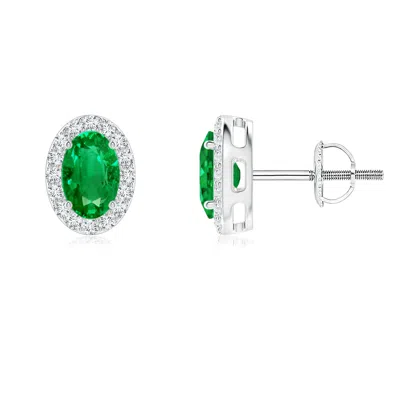Angara Oval Emerald Studs With Diamond Halo In Green