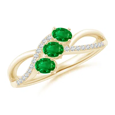 Angara Oval Emerald Three Stone Bypass Ring With Diamonds In Gold