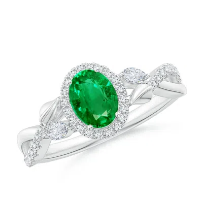 Angara Oval Emerald Twisted Vine Ring With Diamond Halo In Metallic