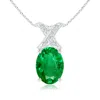 Angara Oval Emerald Xo Pendant With Diamonds In White Gold/rich Medium Green