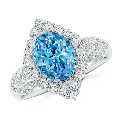 Angara Oval Fancy Intense Blue Diamond Geometrical Halo Cocktail Ring