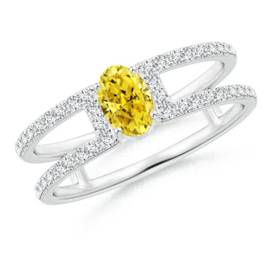 Angara Oval Fancy Intense Yellow Diamond Parallel Split Shank Ring With Accents