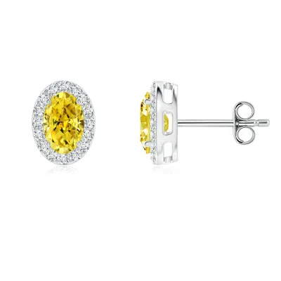 Angara Oval Fancy Intense Yellow Diamond Studs With Halo In Metallic