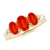 Angara Oval Fire Opal Three Stone Criss-cross Ring In Yellow Gold/orangish Bright Red