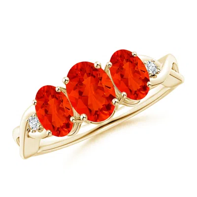 Angara Oval Fire Opal Three Stone Criss-cross Ring In Gold