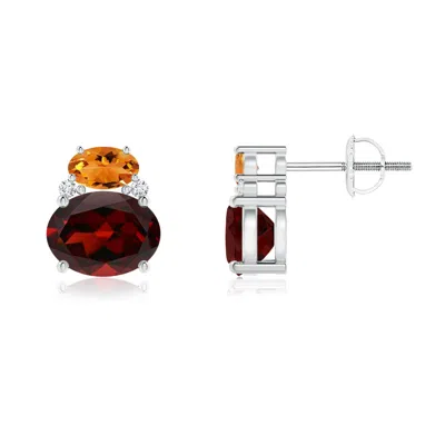 Angara Oval Garnet And Citrine Stud Earrings With Diamonds In Multi