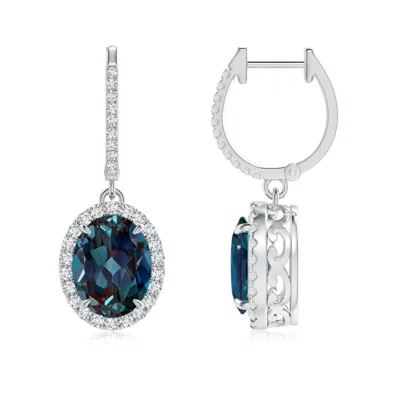Angara Oval Lab-grown Alexandrite Dangle Earrings With Diamond Halo In Metallic