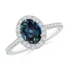 Angara Oval Lab-grown Alexandrite Halo Ring With Diamond Accents In White Gold/bluish Green Changing To Brownish Or Pinkish Purple