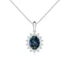 Angara Oval Lab-grown Alexandrite Pendant With Floral Diamond Halo In White Gold/bluish Green Changing To Brownish Or Pinkish Purple
