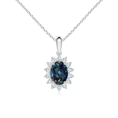 Angara Oval Lab-grown Alexandrite Pendant With Floral Diamond Halo In Blue