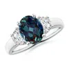 Angara Oval Lab-grown Alexandrite Ring With Half Moon Diamonds In White Gold/bluish Green Changing To Brownish Or Pinkish Purple
