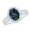 Angara Oval Lab-grown Alexandrite Split Shank Halo Ring With Diamonds In White Gold/bluish Green Changing To Brownish Or Pinkish Purple