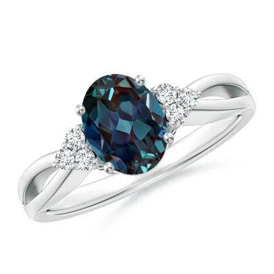 Angara Oval Lab-grown Alexandrite Split Shank Ring With Trio Diamonds In Metallic