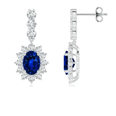 Angara Oval Lab-grown Blue Sapphire Floral Halo Dangle Earrings In Metallic