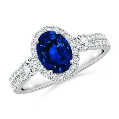 Angara Oval Lab-grown Blue Sapphire Halo Double Shank Engagement Ring In Metallic