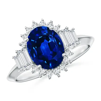 Angara Oval Lab-grown Blue Sapphire Halo Knife-edge Shank Engagement Ring
