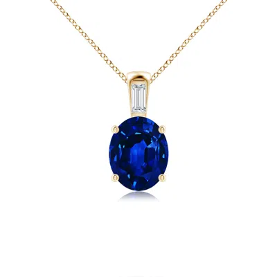 Angara Oval Lab-grown Blue Sapphire Pendant With Baguette Diamond In Gold