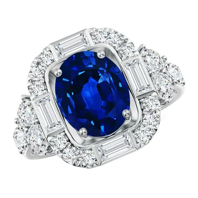 Angara Oval Lab-grown Blue Sapphire Unique Halo Engagement Ring With Accents