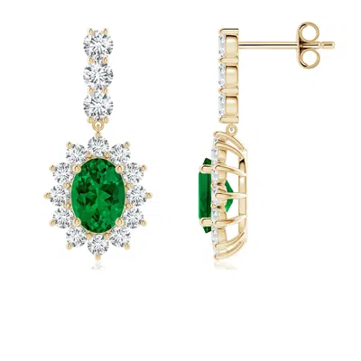 Angara Oval Lab-grown Emerald Floral Halo Dangle Earrings In Gold