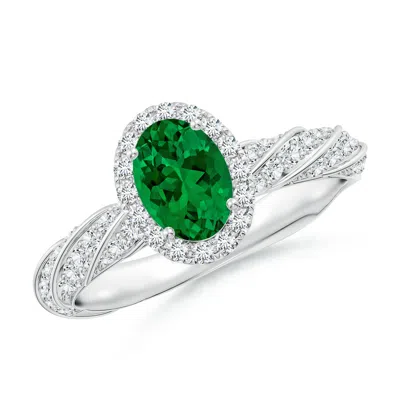 Angara Oval Lab-grown Emerald Halo Twisted Rope Shank Engagement Ring In Green
