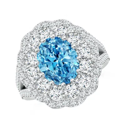 Angara Oval Lab-grown Fancy Intense Blue Diamond Floral Halo Split Shank Cocktail Ring In Metallic