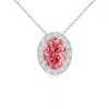 Angara Oval Lab-grown Fancy Intense Pink Diamond Halo Pendant In White Gold/fancy Intense