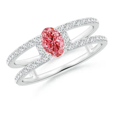 Angara Oval Lab-grown Fancy Intense Pink Diamond Parallel Split Shank Ring With Accents In Metallic