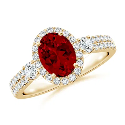 Angara Oval Lab-grown Ruby Halo Double Shank Engagement Ring In Gold