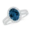 Angara Oval London Blue Topaz Split Shank Halo Ring With Diamonds In White Gold/greenish Blue