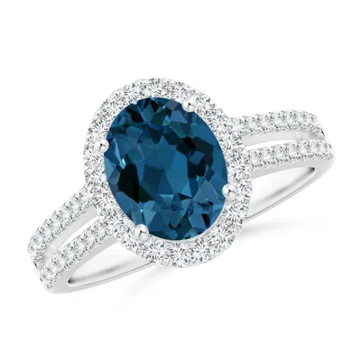 Angara Oval London Blue Topaz Split Shank Halo Ring With Diamonds