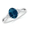 Angara Oval London Blue Topaz Split Shank Ring With Trio Diamonds In Platinum/deep Greenish Blue