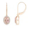 Angara Oval Morganite Leverback Earrings With Diamond Halo In Rose Gold/peachy Pink