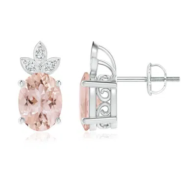 Angara Oval Morganite Solitaire Studs With Diamond Leaf Motif In Metallic