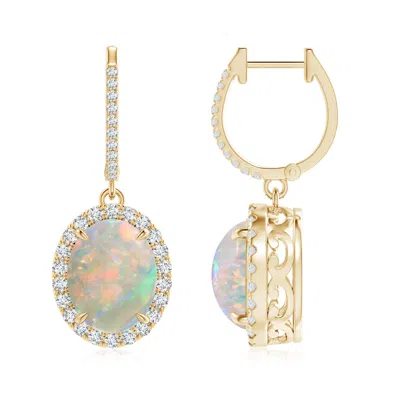 Angara Oval Opal Dangle Earrings With Diamond Halo In Gold