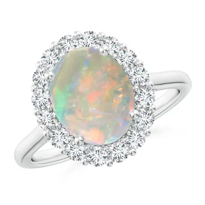 Angara Oval Opal Ring With Floral Diamond Halo In Metallic