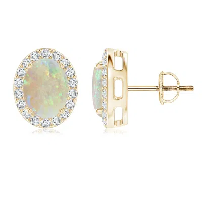 Angara Oval Opal Studs With Diamond Halo In Gold