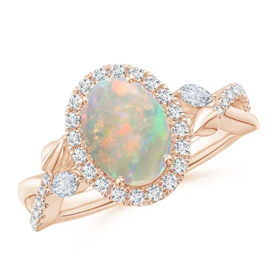 Angara Oval Opal Twisted Vine Ring With Diamond Halo In Gold