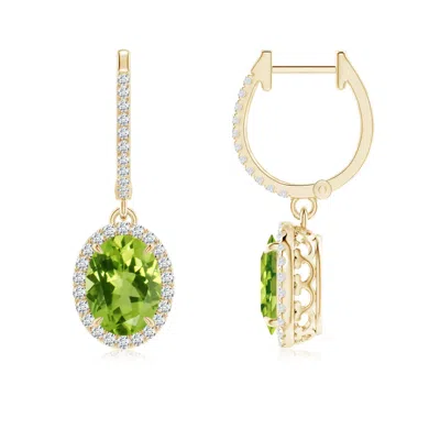Angara Oval Peridot Dangle Earrings With Diamond Halo In Gold