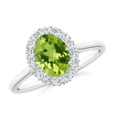 Angara Oval Peridot Ring With Floral Diamond Halo In Metallic