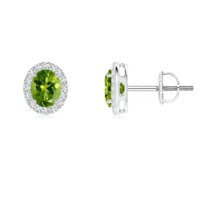 Angara Oval Peridot Studs With Diamond Halo In Metallic