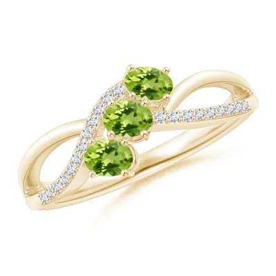 Angara Oval Peridot Three Stone Bypass Ring With Diamonds In Gold