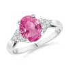 Angara Oval Pink Sapphire Cocktail Ring With Trio Diamond Accents In White Gold/medium Pink
