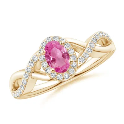 Angara Oval Pink Sapphire Crossover Ring With Diamond Halo In Gold